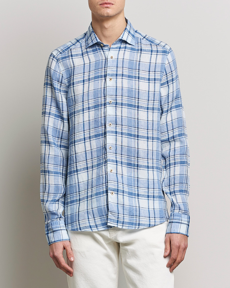 Herre |  | Stenströms | Slimline Cut Away Checked Linen Shirt Blue