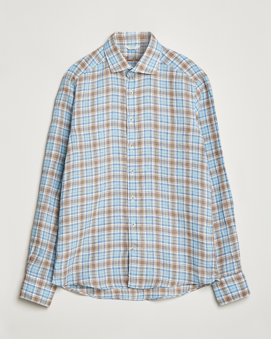 Herre | Skjorter | Stenströms | Slimline Cut Away Checked Linen Shirt Blue/Beige