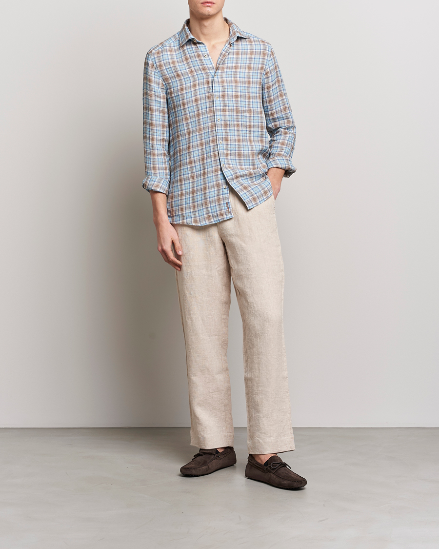 Herre | Skjorter | Stenströms | Slimline Cut Away Checked Linen Shirt Blue/Beige