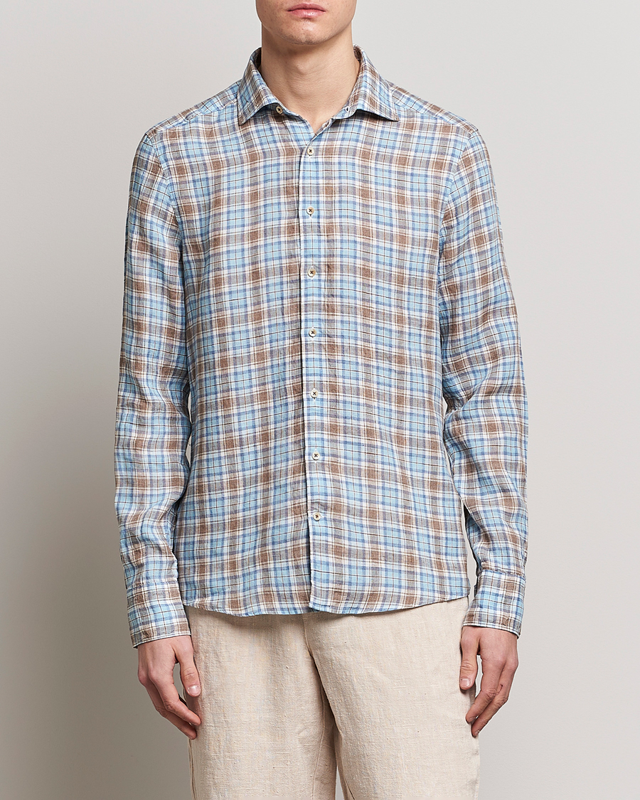 Herre |  | Stenströms | Slimline Cut Away Checked Linen Shirt Blue/Beige