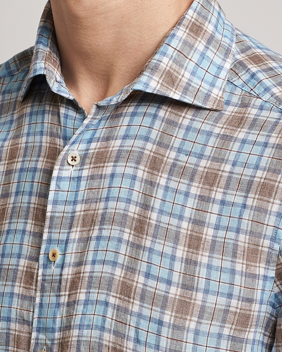 Herre | Skjorter | Stenströms | Slimline Cut Away Checked Linen Shirt Blue/Beige