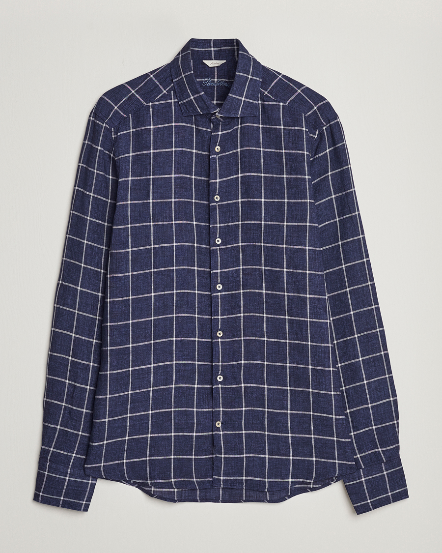 Herre | Skjorter | Stenströms | Slimline Cut Away Checked Linen Shirt Dark Blue