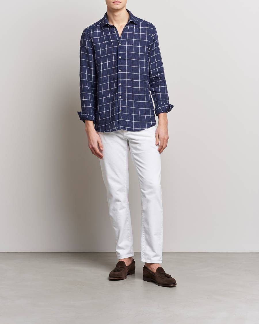 Herre | Skjorter | Stenströms | Slimline Cut Away Checked Linen Shirt Dark Blue
