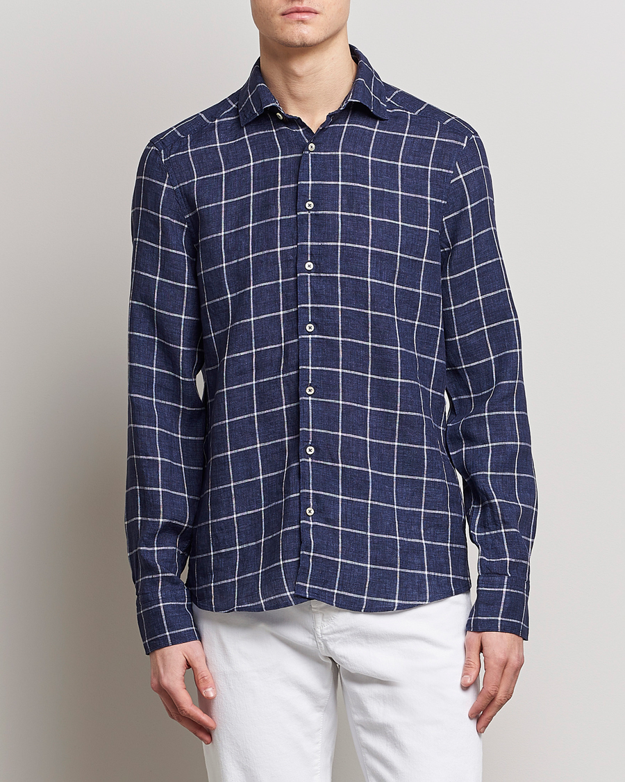 Herre |  | Stenströms | Slimline Cut Away Checked Linen Shirt Dark Blue