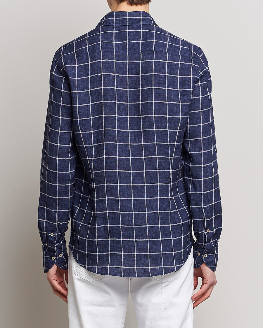 Herre | Skjorter | Stenströms | Slimline Cut Away Checked Linen Shirt Dark Blue
