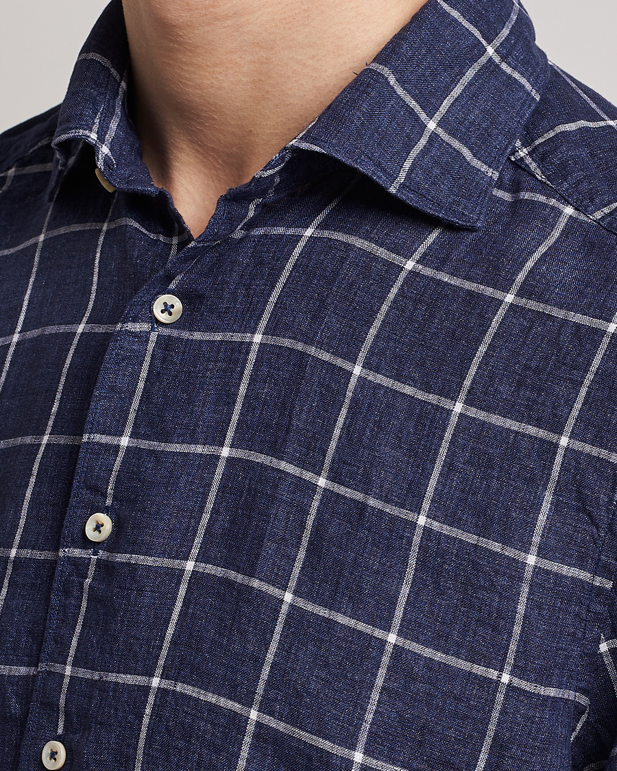 Herre | Skjorter | Stenströms | Slimline Cut Away Checked Linen Shirt Dark Blue