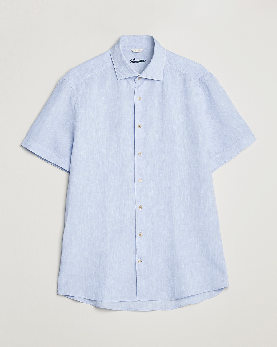 Herre | Skjorter | Stenströms | Slimline Cut Away Short Sleeve Linen Shirt Light Blue