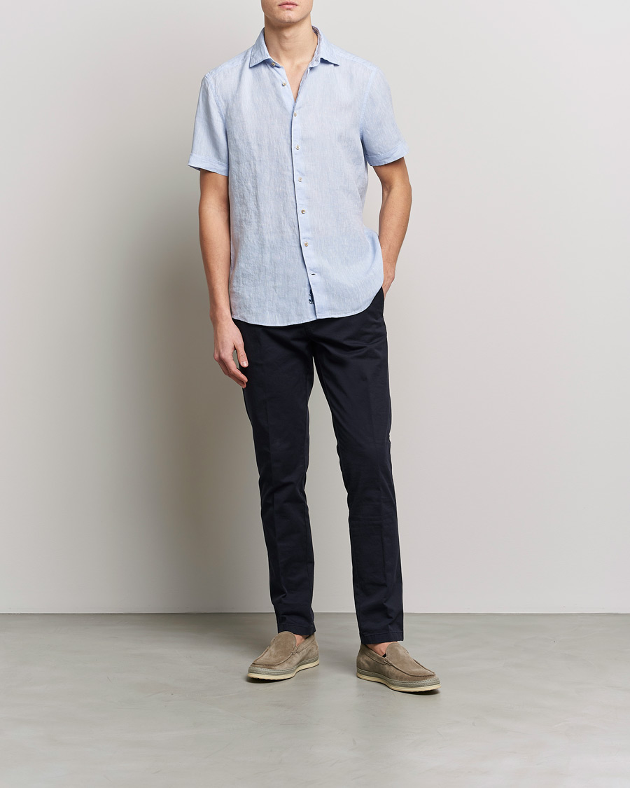 Herre | Skjorter | Stenströms | Slimline Cut Away Short Sleeve Linen Shirt Light Blue