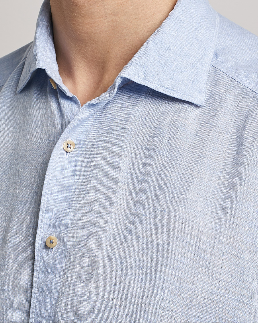Herre | Skjorter | Stenströms | Slimline Cut Away Short Sleeve Linen Shirt Light Blue