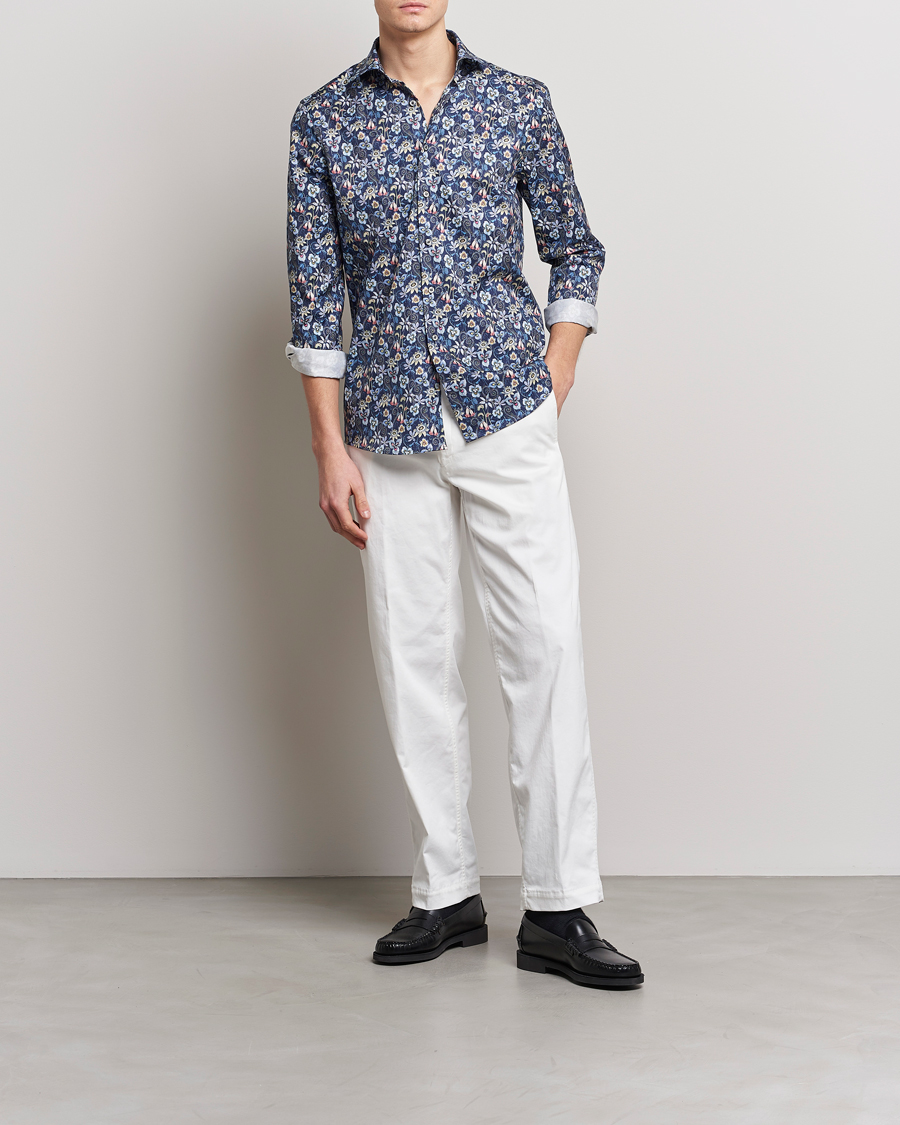 Herre | Skjorter | Stenströms | Slimline Cut Away Flower Print Shirt Blue