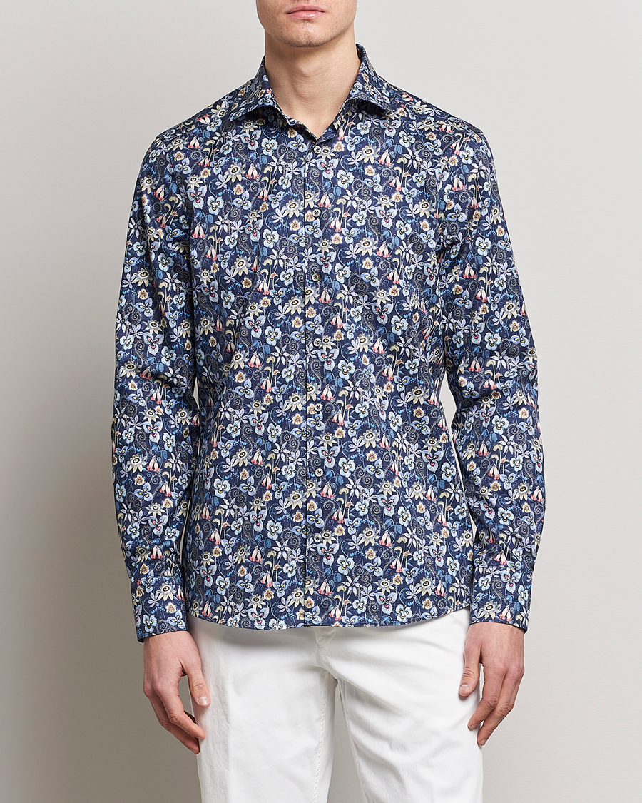 Herre |  | Stenströms | Slimline Cut Away Flower Print Shirt Blue