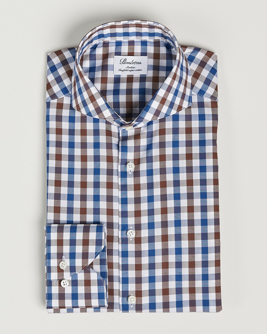 Herre | Skjorter | Stenströms | Slimline Cut Away Gingham Shirt Brown/Blue