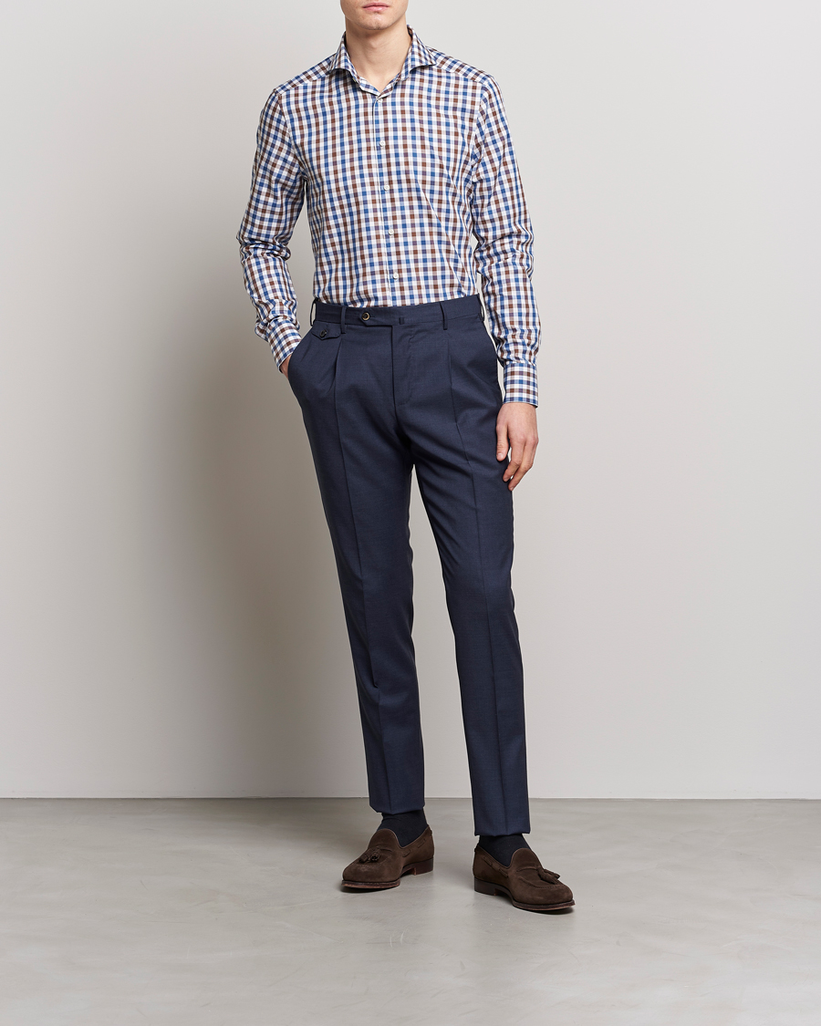 Herre | Skjorter | Stenströms | Slimline Cut Away Gingham Shirt Brown/Blue