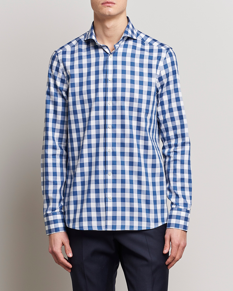 Herre |  | Stenströms | Slimline Cut Away Large Gingham Shirt Blue