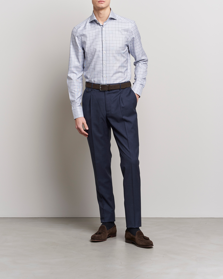 Herre | Skjorter | Stenströms | Slimline Cut Away Multicheck Shirt Blue