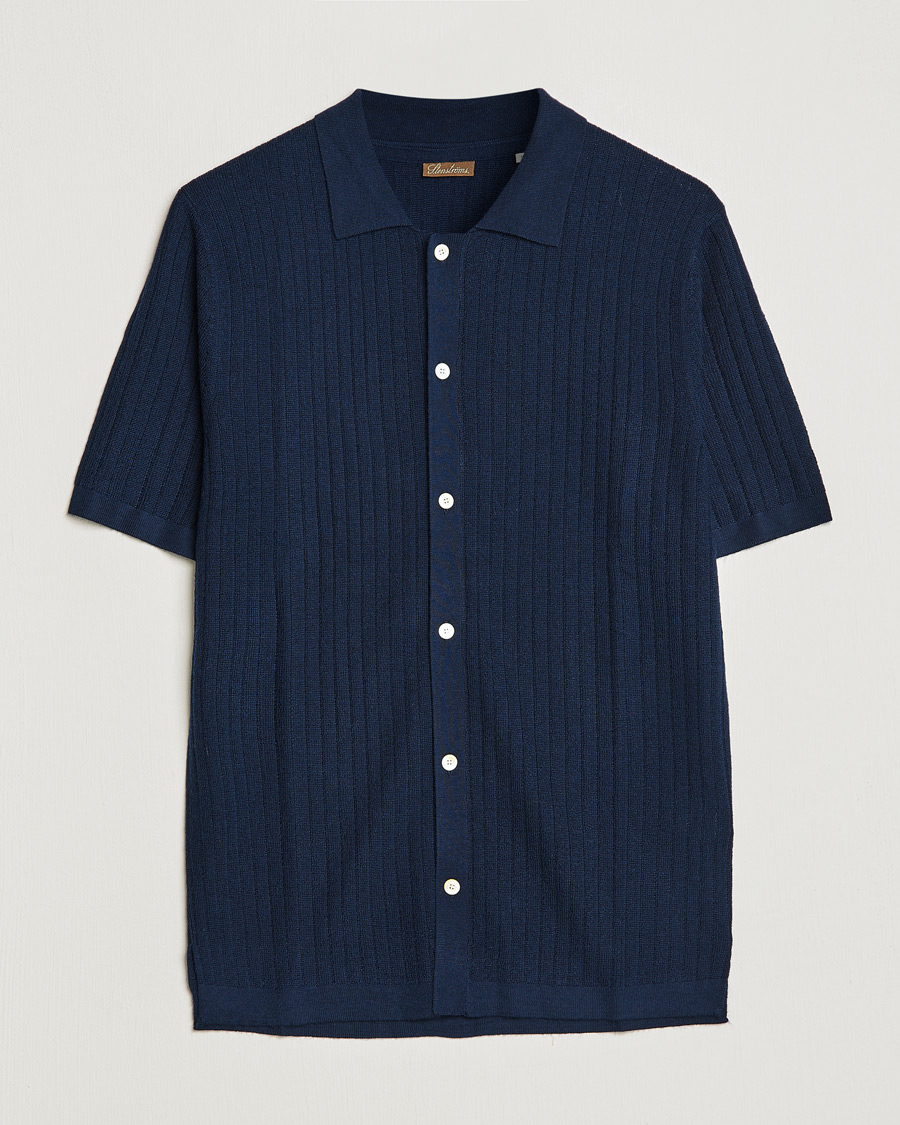 Herre | Pikéer | Stenströms | Merino/Lyocell Ribbed Buttoned Polo Shirt Navy