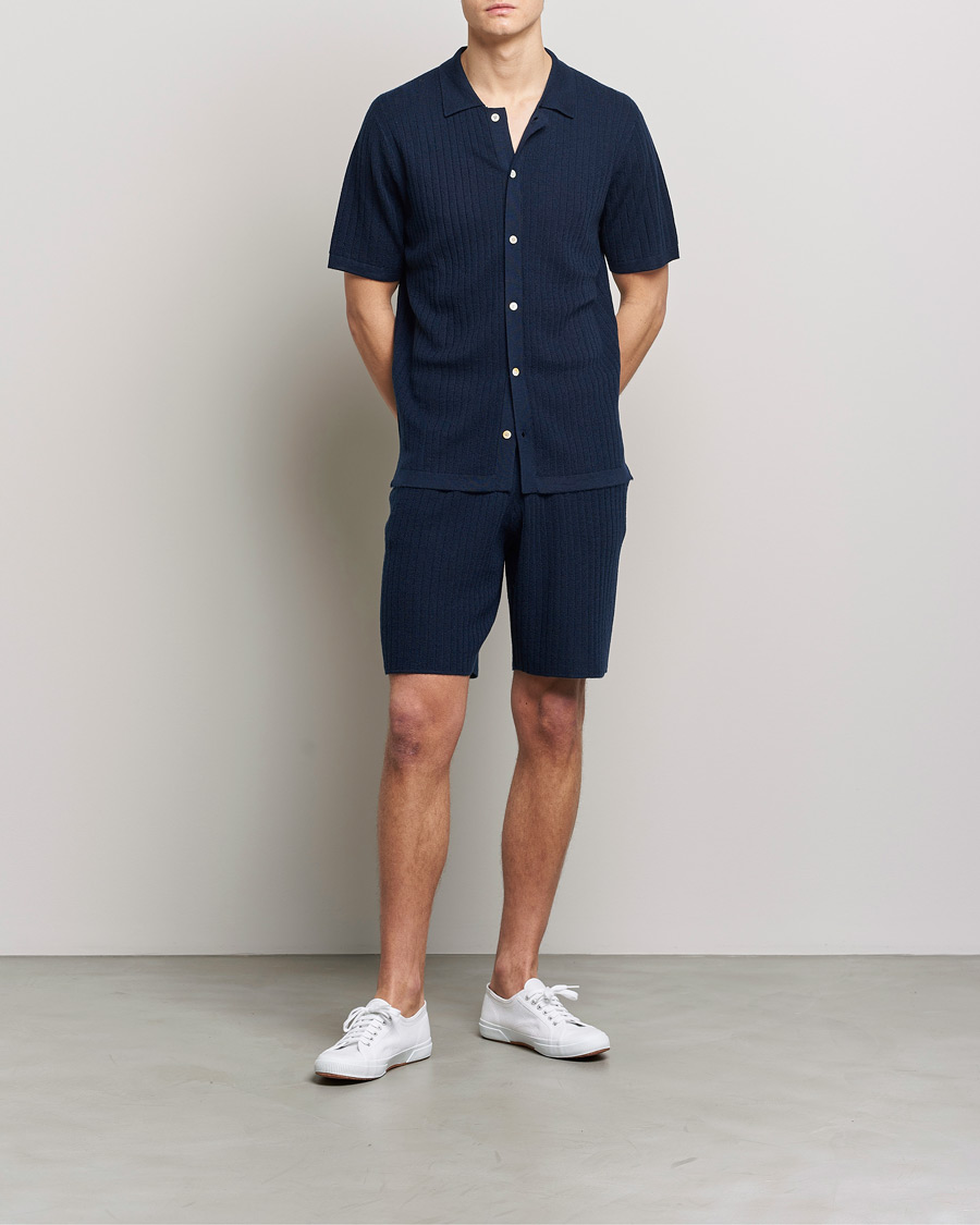Herre | Pikéer | Stenströms | Merino/Lyocell Ribbed Buttoned Polo Shirt Navy
