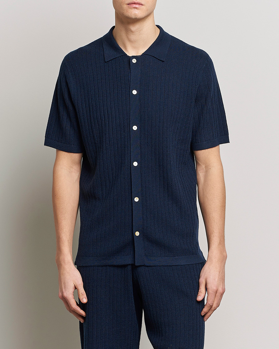 Herre | Pikéer | Stenströms | Merino/Lyocell Ribbed Buttoned Polo Shirt Navy