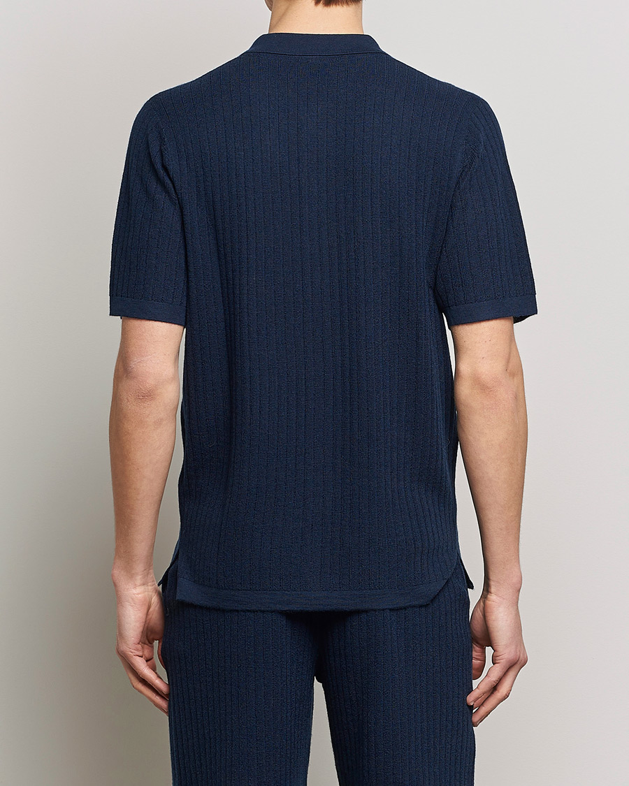 Herre | Pikéer | Stenströms | Merino/Lyocell Ribbed Buttoned Polo Shirt Navy