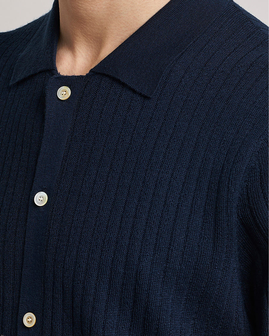 Herre | Pikéer | Stenströms | Merino/Lyocell Ribbed Buttoned Polo Shirt Navy