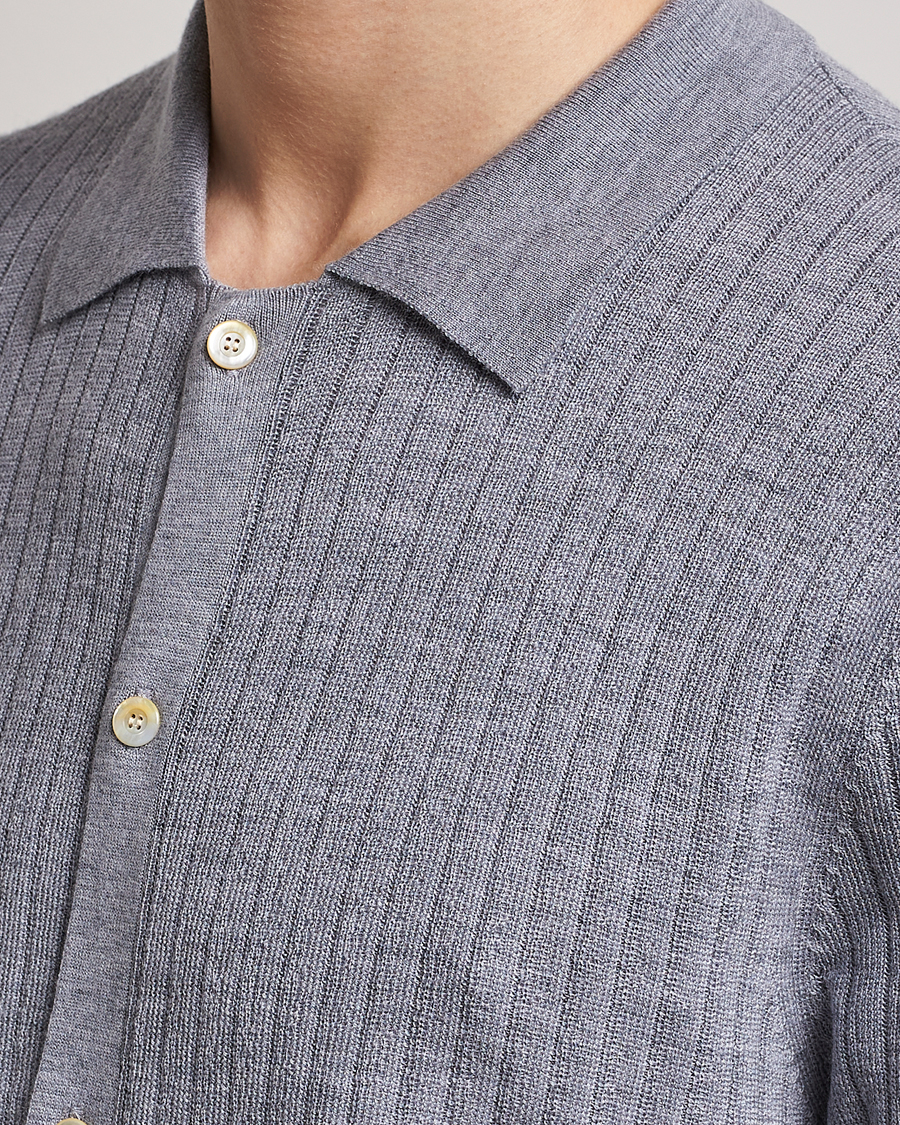 Herre | Pikéer | Stenströms | Merino/Lyocell Ribbed Buttoned Polo Shirt Grey