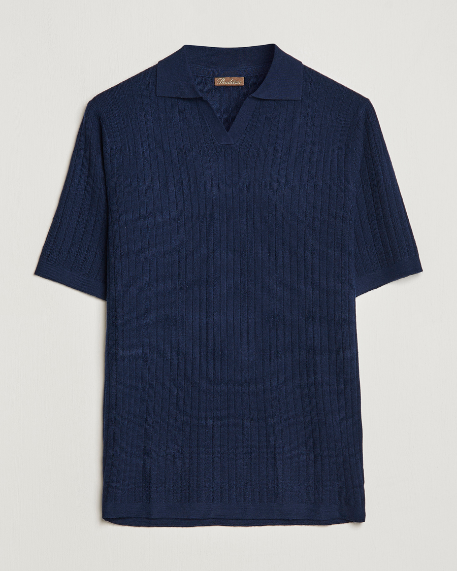 Herre | Pikéer | Stenströms | Merino/Lyocell Ribbed Open Collar Polo Navy