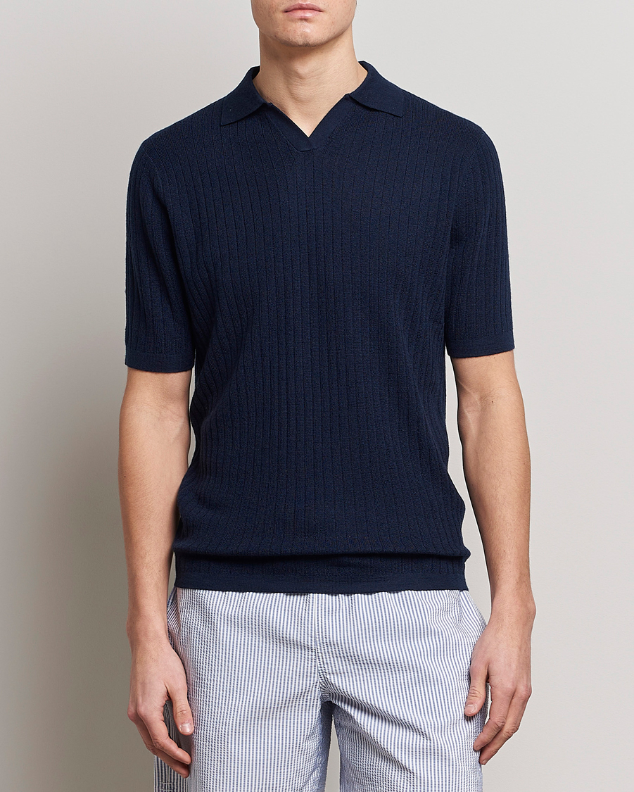 Herre |  | Stenströms | Merino/Lyocell Ribbed Open Collar Polo Navy