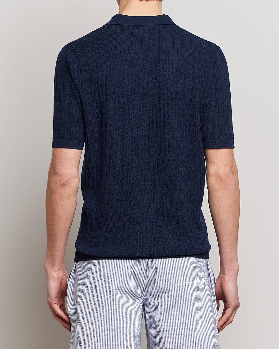Herre | Pikéer | Stenströms | Merino/Lyocell Ribbed Open Collar Polo Navy