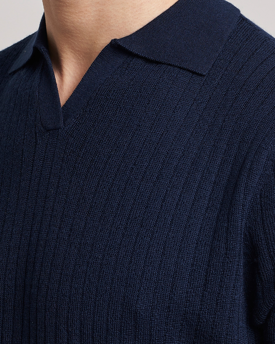 Herre | Pikéer | Stenströms | Merino/Lyocell Ribbed Open Collar Polo Navy