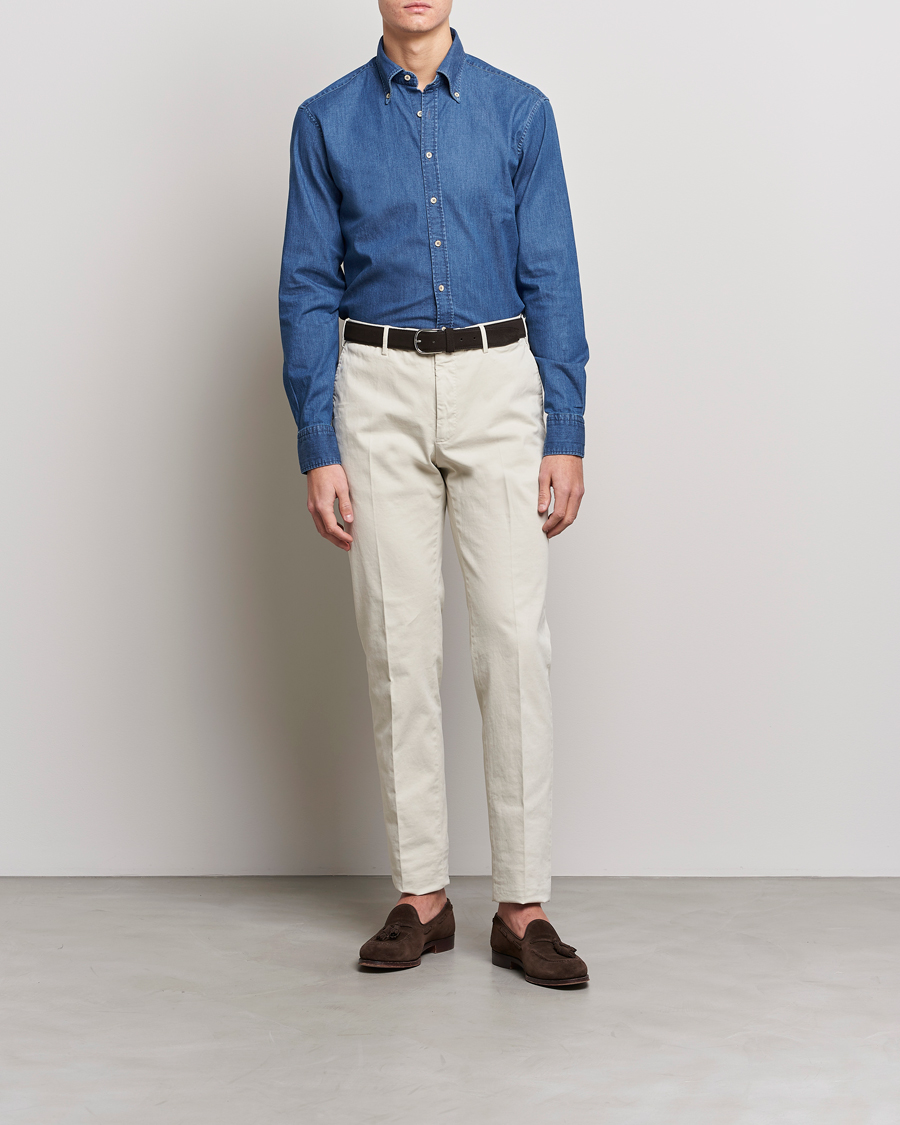 Herre | Skjorter | Stenströms | Fitted Body Button Down Garment Washed Shirt Mid Blue Denim