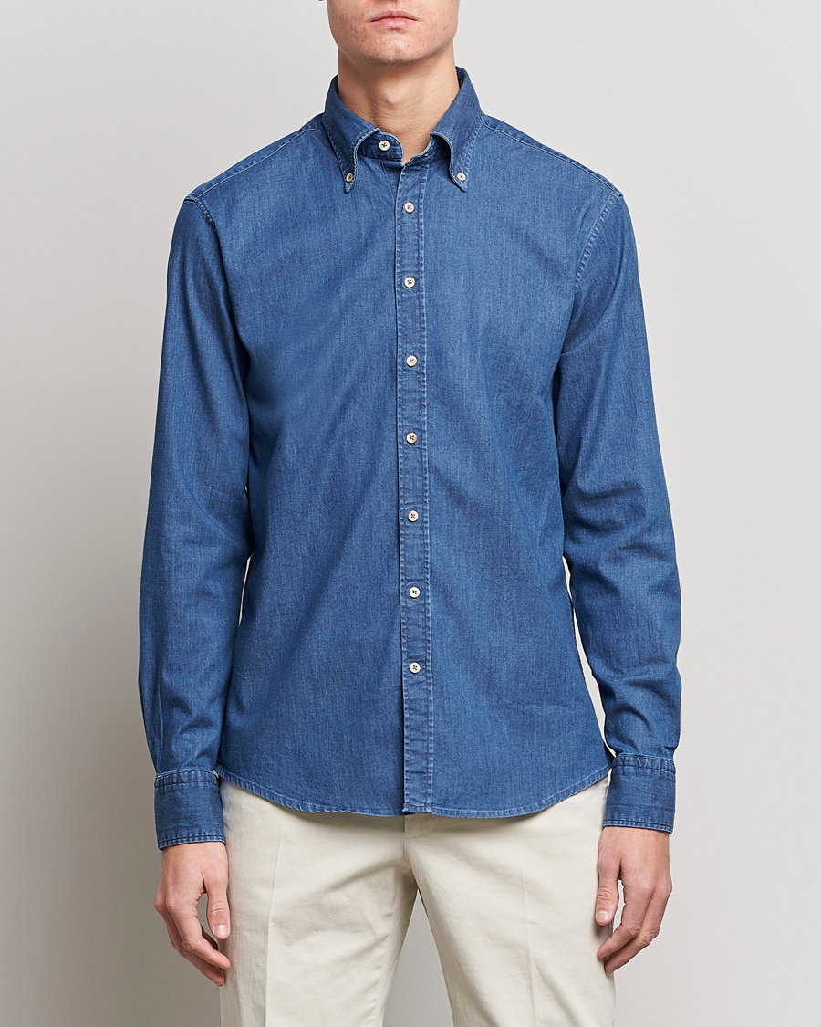 Herre | Jeansskjorter | Stenströms | Fitted Body Button Down Garment Washed Shirt Mid Blue Denim