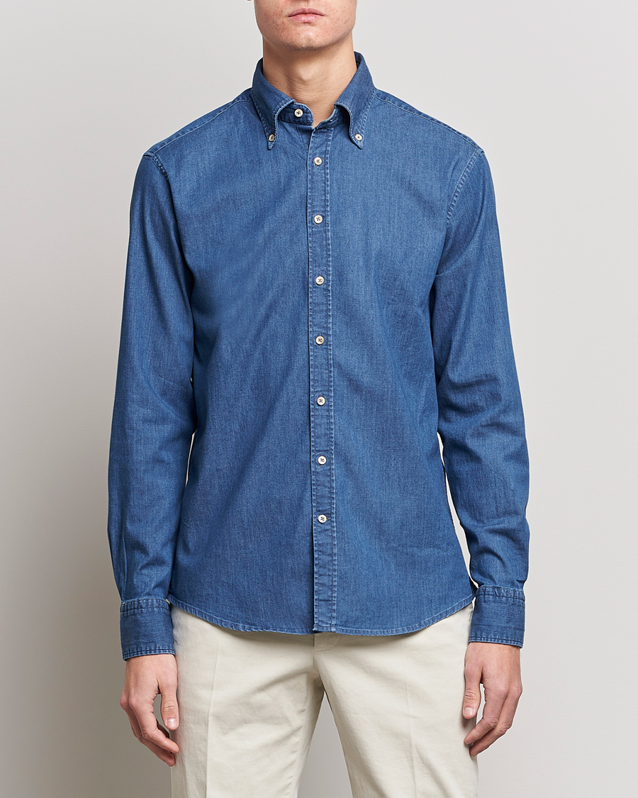 Herre | Business & Beyond | Stenströms | Fitted Body Button Down Garment Washed Shirt Mid Blue Denim