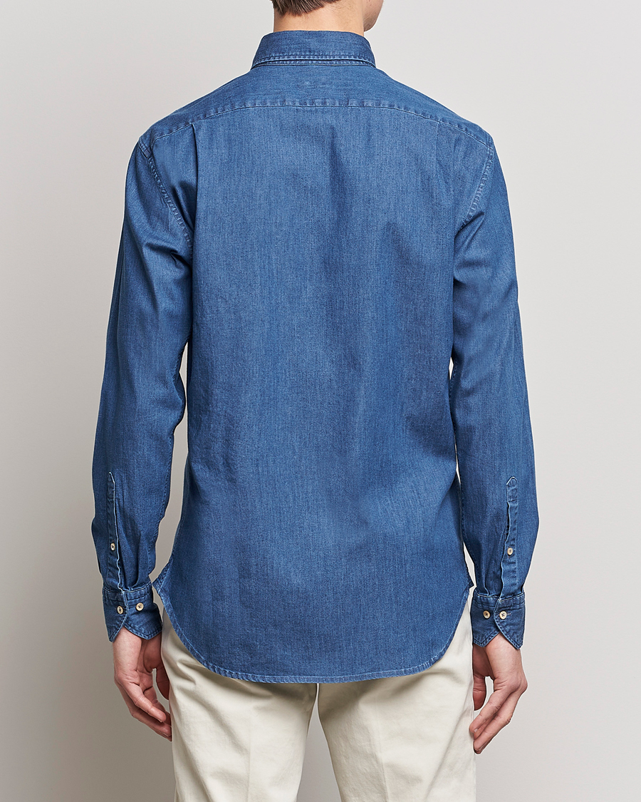 Herre | Skjorter | Stenströms | Fitted Body Button Down Garment Washed Shirt Mid Blue Denim