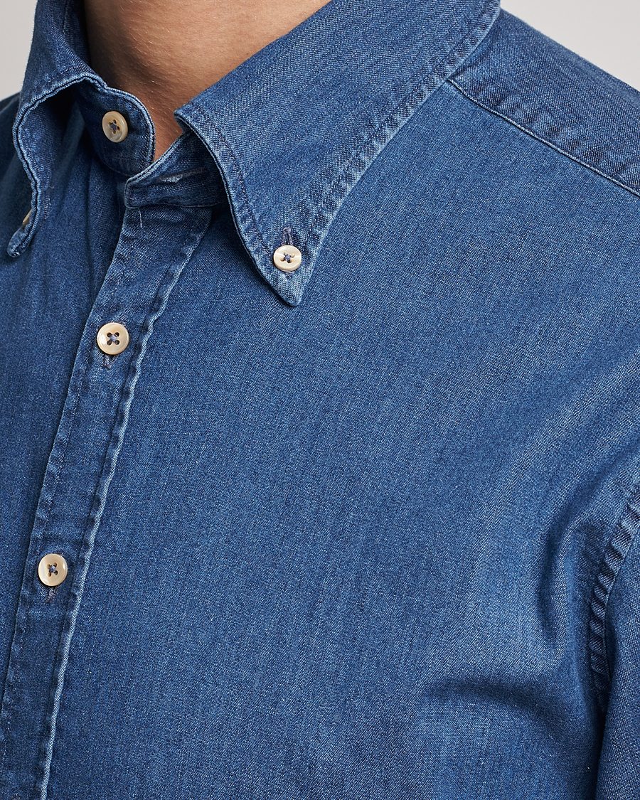 Herre | Skjorter | Stenströms | Fitted Body Button Down Garment Washed Shirt Mid Blue Denim