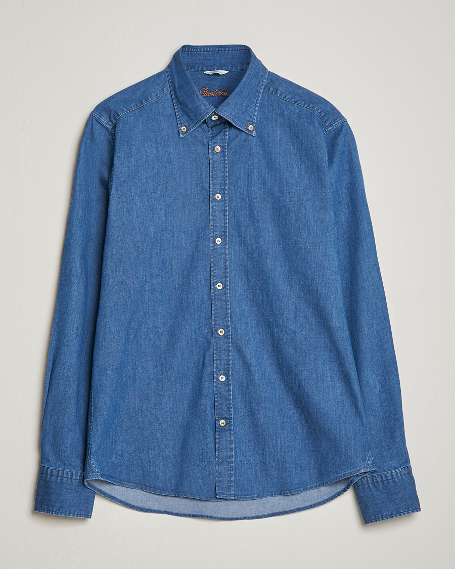 Herre | Skjorter | Stenströms | Slimline Button Down Garment Washed Shirt Mid Blue Denim