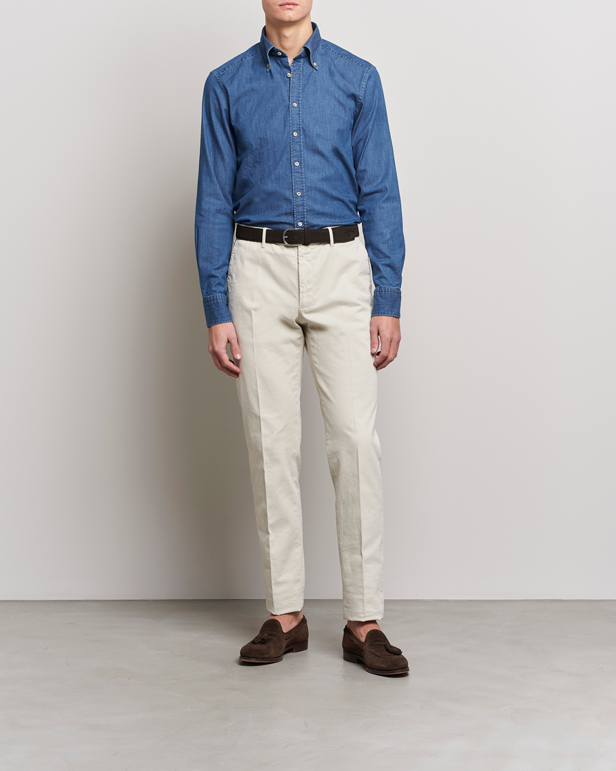 Herre | Skjorter | Stenströms | Slimline Button Down Garment Washed Shirt Mid Blue Denim