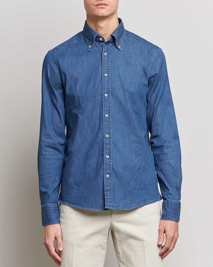 Herre | Skjorter | Stenströms | Slimline Button Down Garment Washed Shirt Mid Blue Denim