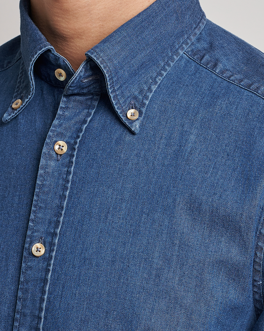 Herre | Skjorter | Stenströms | Slimline Button Down Garment Washed Shirt Mid Blue Denim