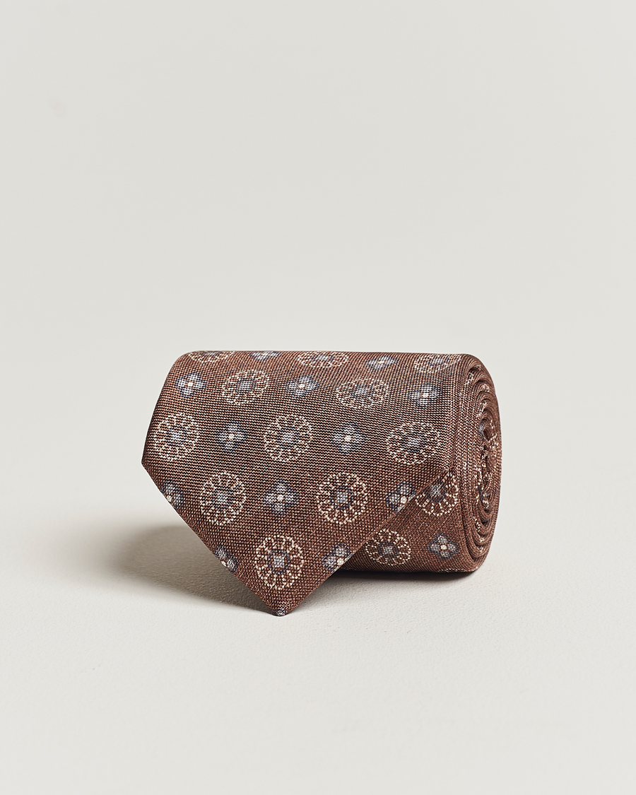 Herre | Stenströms Flower Printed Silk Tie Brown | Stenströms | Flower Printed Silk Tie Brown