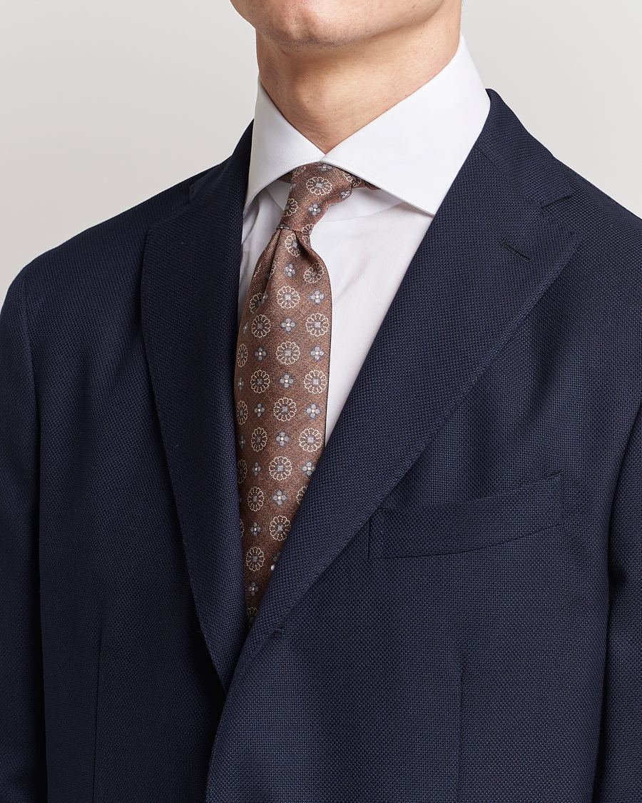 Herre |  | Stenströms | Flower Printed Silk Tie Brown