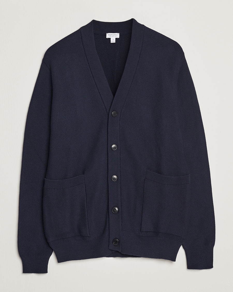 Herre | Gensere | Sunspel | Garter Cotton Knit Cardigan Navy