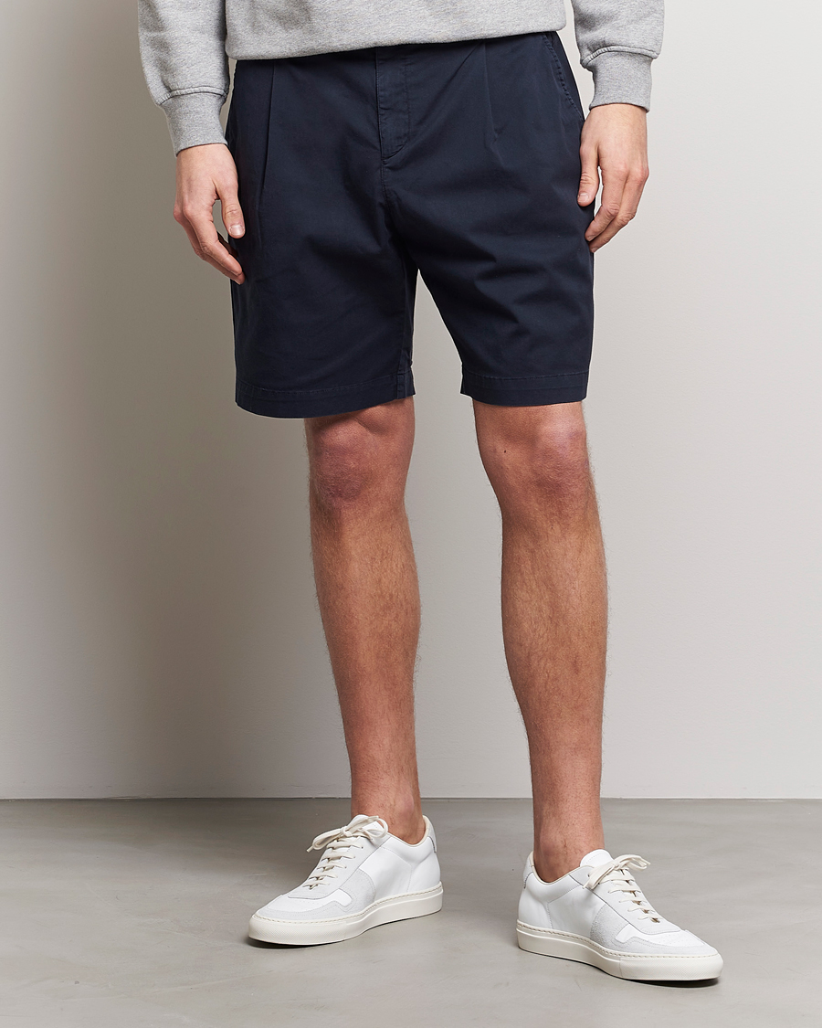Herre | Chinosshorts | Sunspel | Pleated Stretch Cotton Twill Shorts Navy
