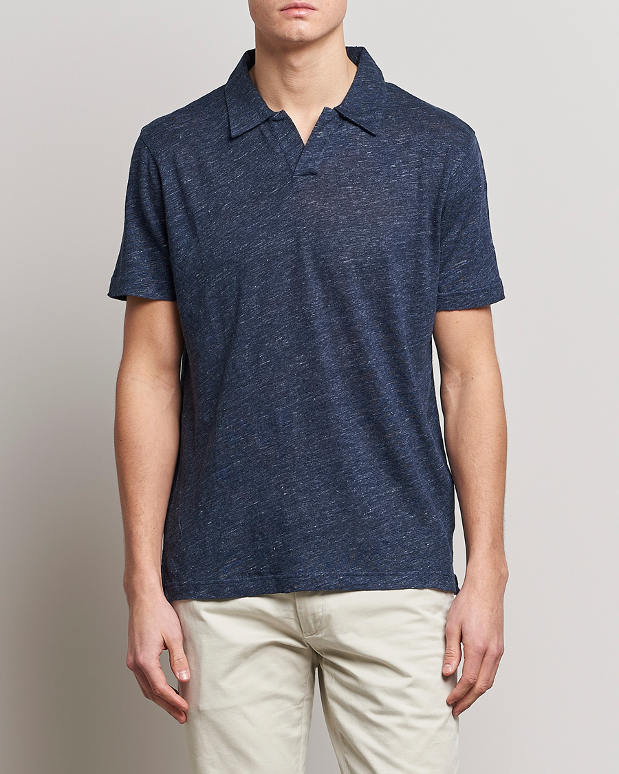 Herre | Pikéer | Sunspel | Linen Polo Shirt Navy Melange