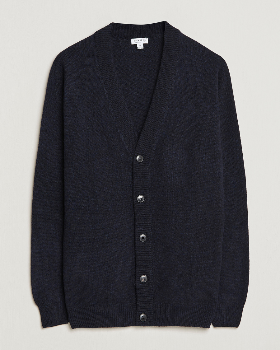 Herre | Gensere | Sunspel | Lambswool Cardigan Dark Navy Mouline