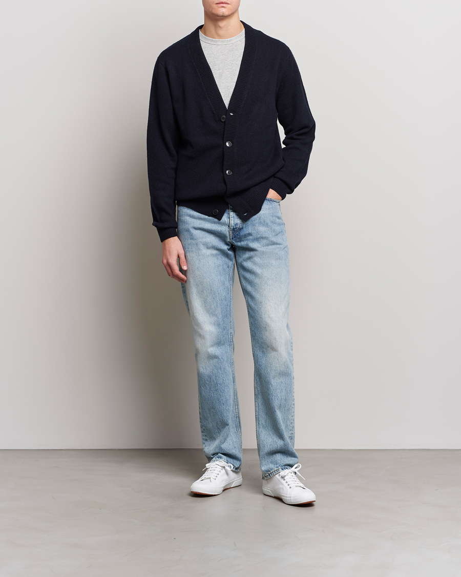 Herre | Gensere | Sunspel | Lambswool Cardigan Dark Navy Mouline