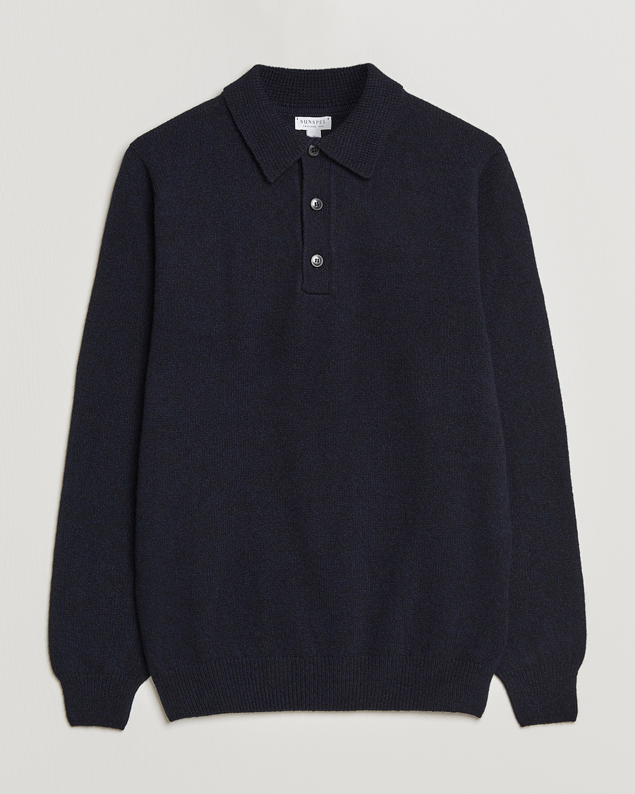 Herre | Gensere | Sunspel | Lambswool Poloshirt Dark Navy Mouline