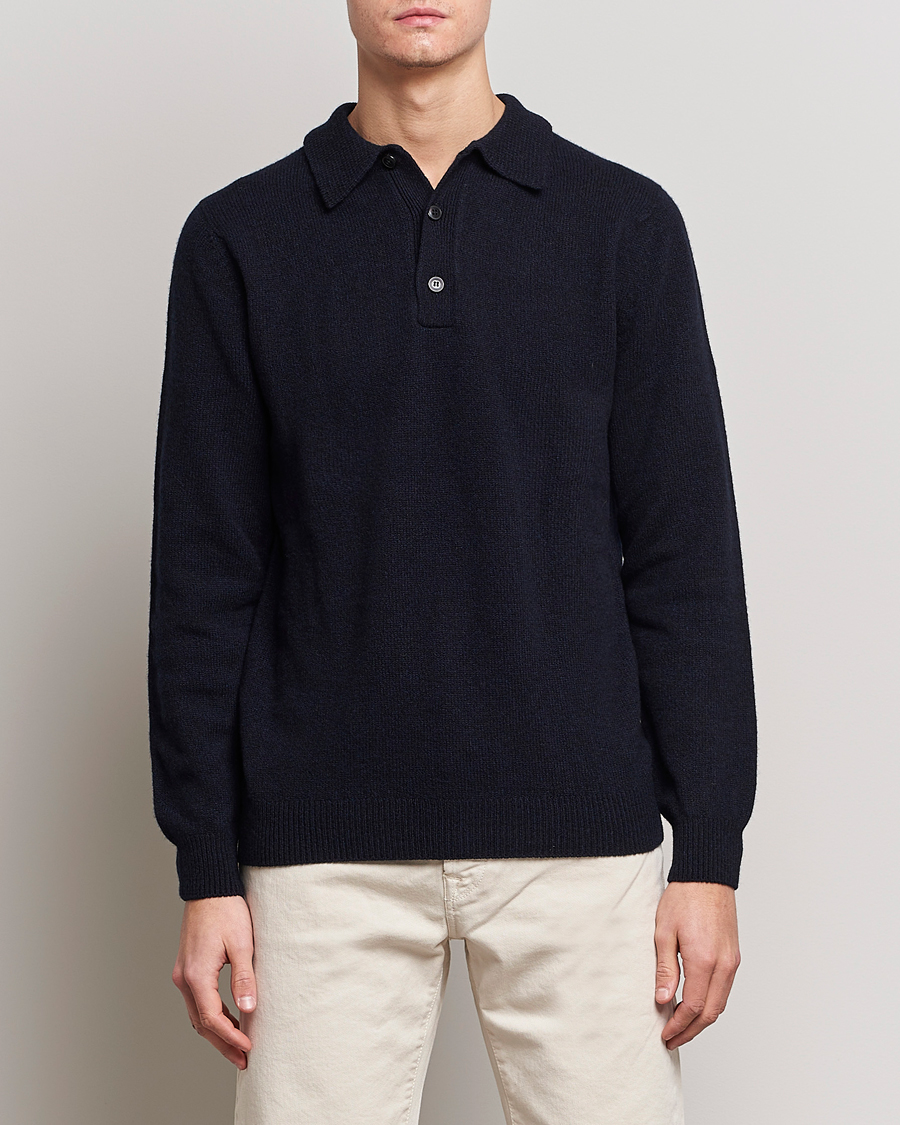 Herre | Gensere | Sunspel | Lambswool Poloshirt Dark Navy Mouline