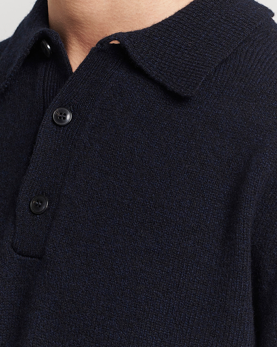 Herre | Gensere | Sunspel | Lambswool Poloshirt Dark Navy Mouline