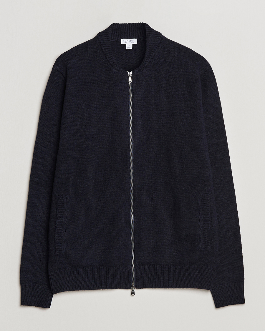 Herre | Jakker | Sunspel | Knitted Lambswool/Cashmere Bomber Jacket Navy
