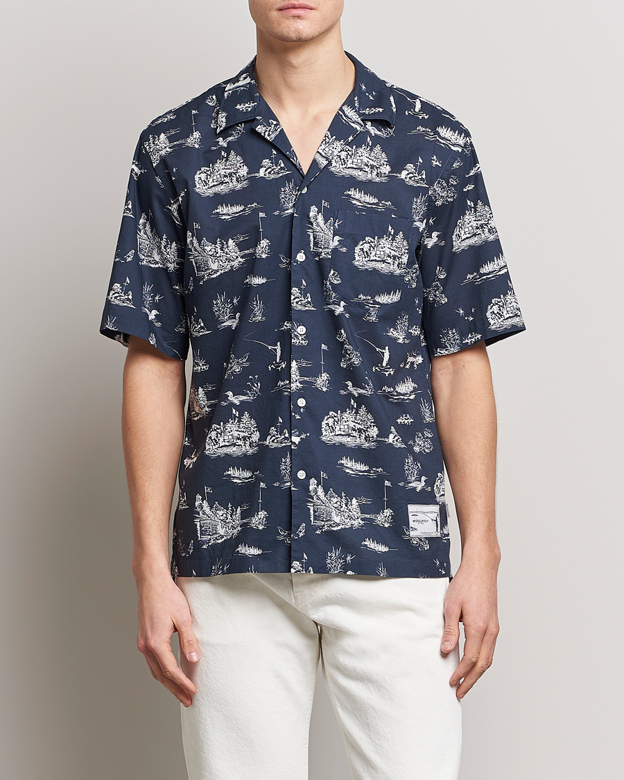 Herre |  | Woolrich | Zavikon Printed Short Sleeve Resort Shirt Melton Blue